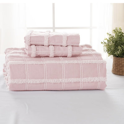 Pink Gingham Tufted Queen Duvet Cover Set, 3 Pcs Soft Fuzzy Comfortable Textured Boho Shabby Chic Plaid Bedding Comforter Cover, Includes 1 Cute Checkered Duvet Cover 2 Pillowcases (Pink, Queen)