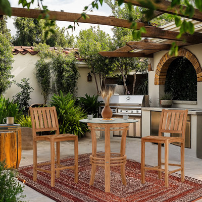 3 Piece Teak Wood Bistro Bar Set Including 36" Round Half Moon Table And 2 Abacho Barstools