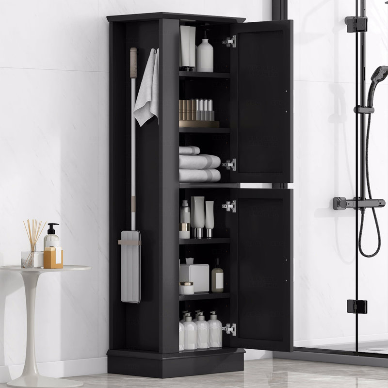 Grande armoire de rangement pour salle de bain, armoire de rangement autoportante avec crochet et tablettes réglables, panneau de fibres à densité moyenne