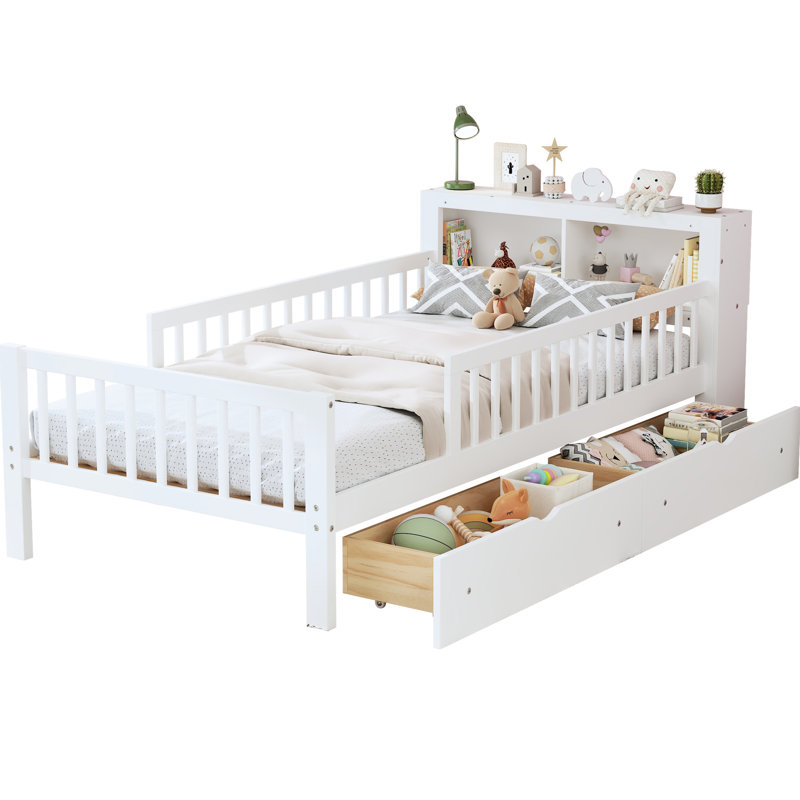 Lit simple blanc avec rangement pour tête de lit et garde-corps - Cadre spacieux spacieux de conception moderne avec tiroir