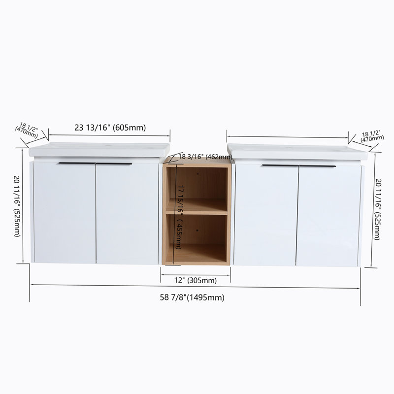 Meuble-lavabo double 59,6 po avec plateau en céramique Alysea