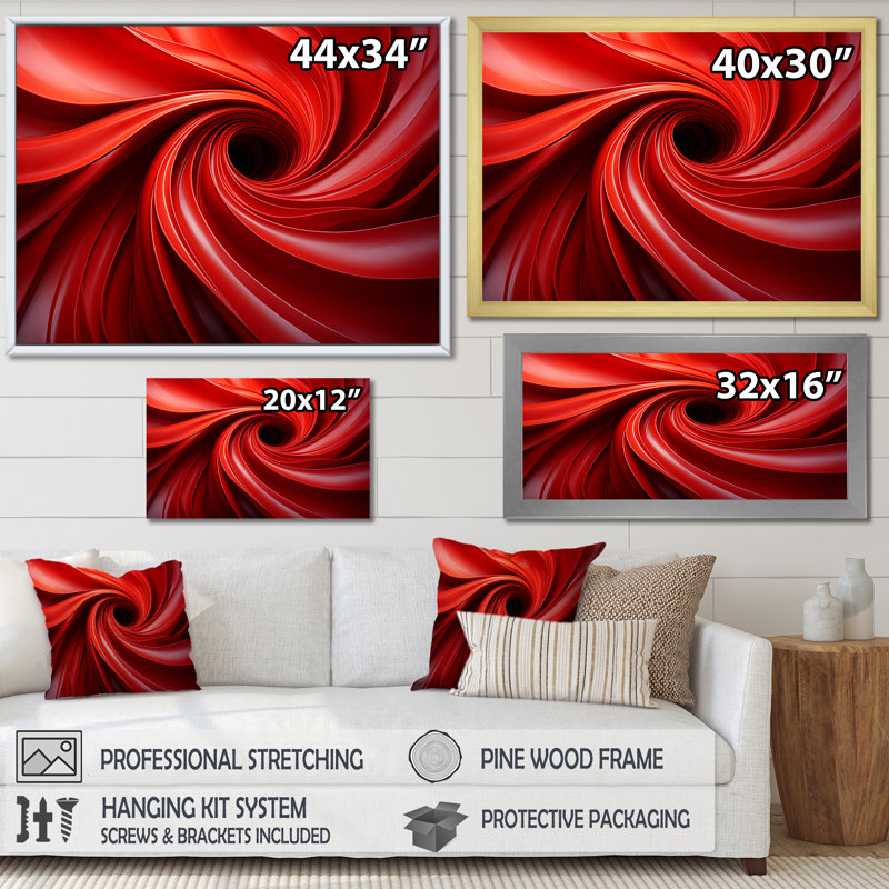 «Red Abstract Spiral Dreamscape IV», art mural abstrait en spirale, H 12 po x l 20 po x P 1 po, Toile tendue