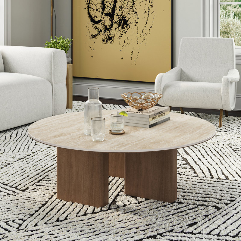 36'' Round Coffee Table With Three Legs, Mid Century Modern Coffee Table With Travertine Stone Tabletop