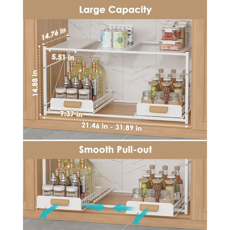 Extendable Under Sink Organizer, 2 Tier Expandable Under Cabinet Organizer Shelf With Height Adjustable, Retractable Cabinet Storage, White