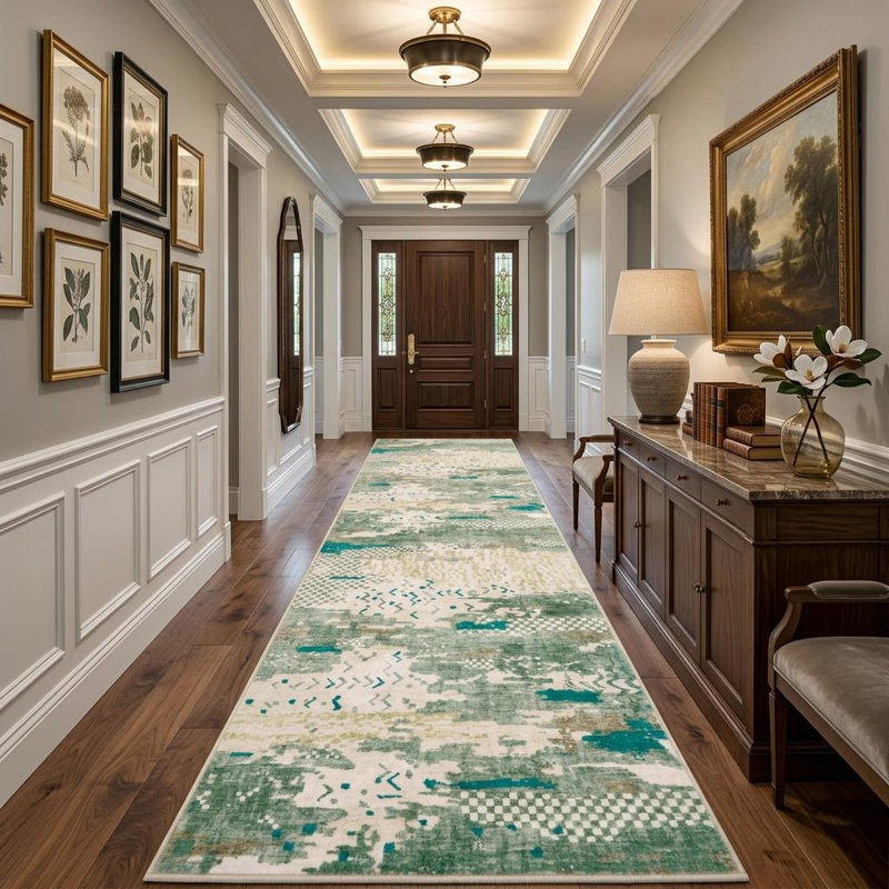 2'x6' Boho Abstract Machine Washable Runner Rug with Non-Slip Rubber Backing - Low-Pile, Stain Resistant Carpet for Hallway, Kitchen, Entryway
