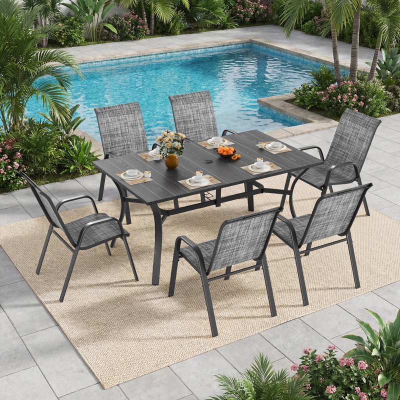 Outdoor Dining Table For 6, 66.29" Long Rectangular Metal Wrought Iron Table With Umbrella Hole, Black