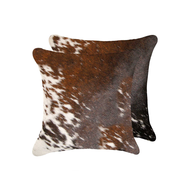  Coussin en cuir de vache 18 po x 18 po, Brun / blanc