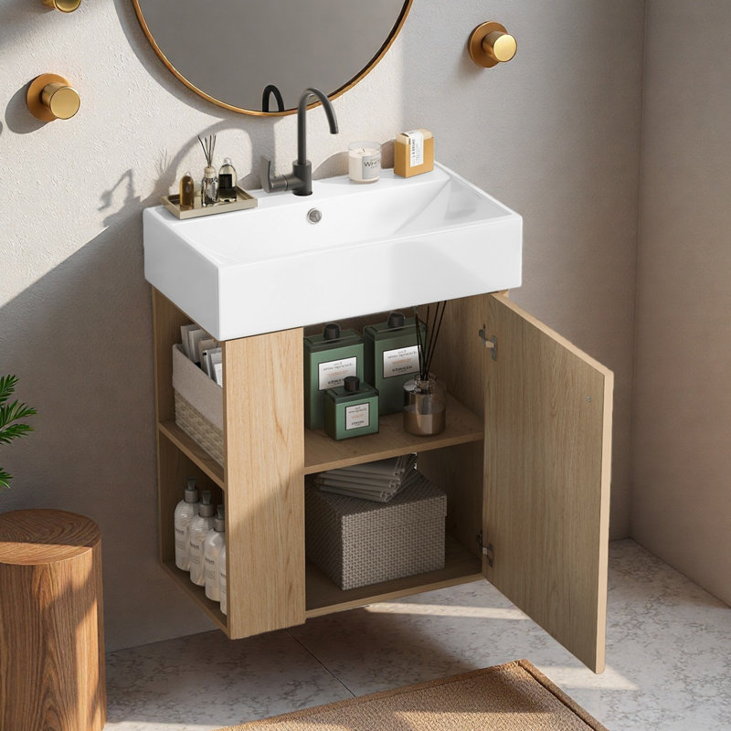Meuble-lavabo simple 21,6 po avec plateau en céramique et partie gauche gauche 21,6 po, Noir, Tanné