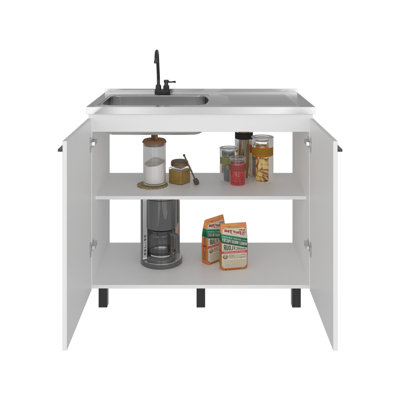 Évier utilitaire blanc moderne avec robinet, base autoportante et lavabo profond, idéal pour la lessive, la salle de garage - L'espace de lavage est assez grand pour les articles de cuisine dans le lavabo en acier inoxydable.