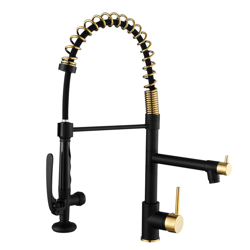 Robinet de cuisine contemporain - escamotable, noir et doré, poignée simple, bec arqué haut et évier doré avec douchette rétractable, bec rotatif à 360 °, entretien facile