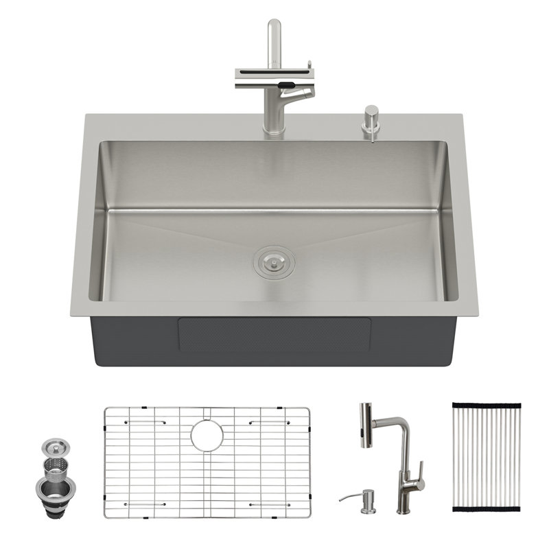 Évier de cuisine encastré 30 po avec robinet escamotable et distributeur de savon - 30 po x 22 po x 10 po à cuve simple en acier inoxydable de calibre 16