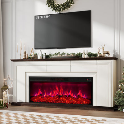 70" Fireplace TV Stand with 42" Electric Fireplace and 7-Color LED, Fits TVs up to 80", White