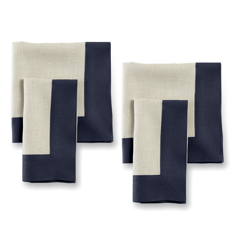 Navy and Natural Linen Square Dinner Napkins Set of 4
