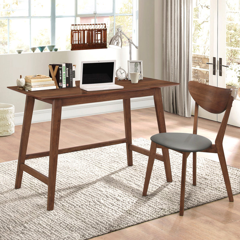 2-Piece Home Office Computer Desk And Chair Set Walnut Finish Mid-Century Modern Tapered Solid Wood Legs Grey Leatherette Seat Rectangular Work Surface
