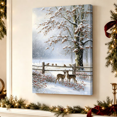 Cerfs dans une forêt enneigée - Tableau champêtre hivernal, impression sur toile tendue de 61 cm x 41 cm, prête à être accrochée dans un salon, une chambre ou un bureau.