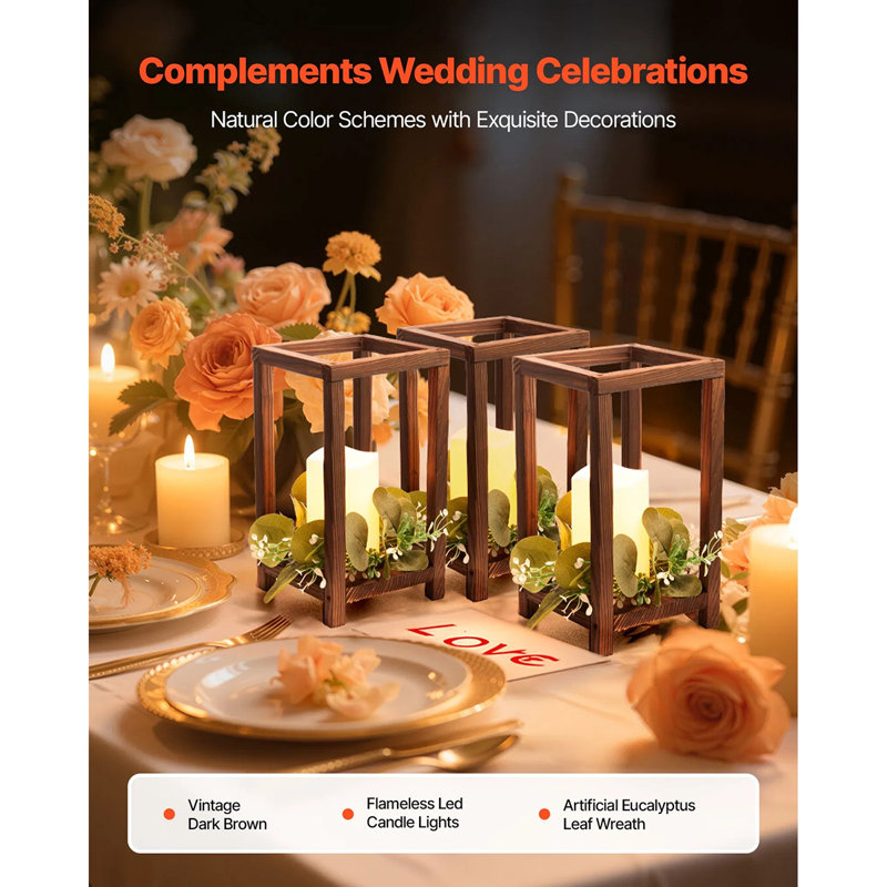 Brown Wooden Lantern Candle Holder Set – All-in-one With Led Candle & Champagne Wreath, Easy Assembly Reusable For Wedding/party/farmhouse Home Decor