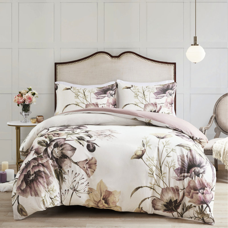 Housse de couette pour lit double / grand lit, imprimé coton, décor floral, 1 et 2 taies décoratives, fermeture à boutons, attaches de coin, grand motif imprimé,
