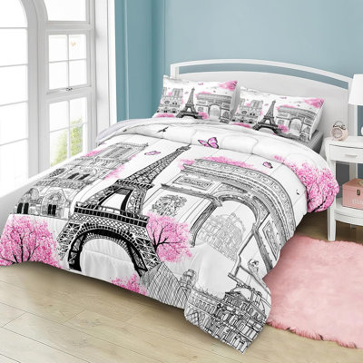Paris Eiffel Tower Comforter Set King Size Bedding Set 4 Pcs Pink Flowers Duvet Set Romantic French Style Quilted Bedding Set Lightweight Comforter