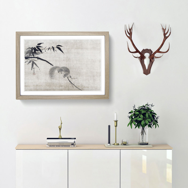 Squirrel on a Bamboo by Kano Tan'yu - Picture Frame Painting Print, 27cm H x 36cm W x 2cm D, Oak Framed