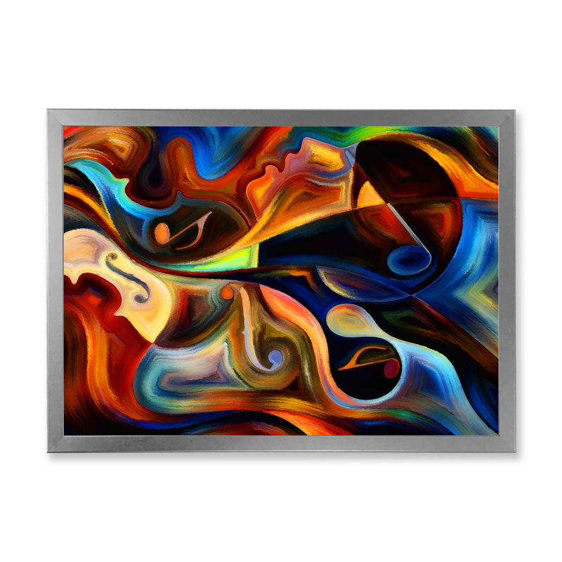 «Blue Orange and Yellow Dynamics on Black», reproduction sur toile, Cadre photo argenté, H 16 po x l 32 po