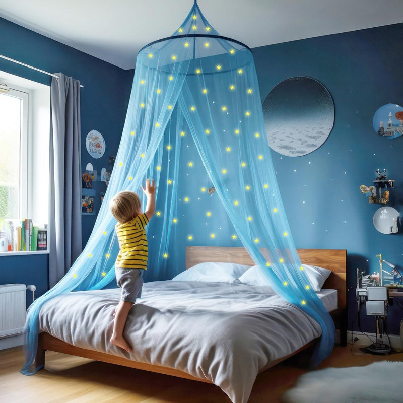 Pink Canopy for Girls Bed with Pre-Glued Glow in The Dark Stars 1 Opening Canopy Bed, Blue