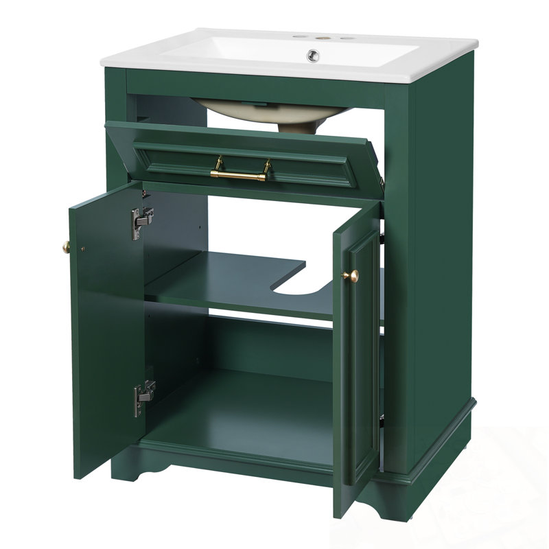 Meuble-lavabo avec lavabo, 2 portes et 1 tiroir basculant, Vert