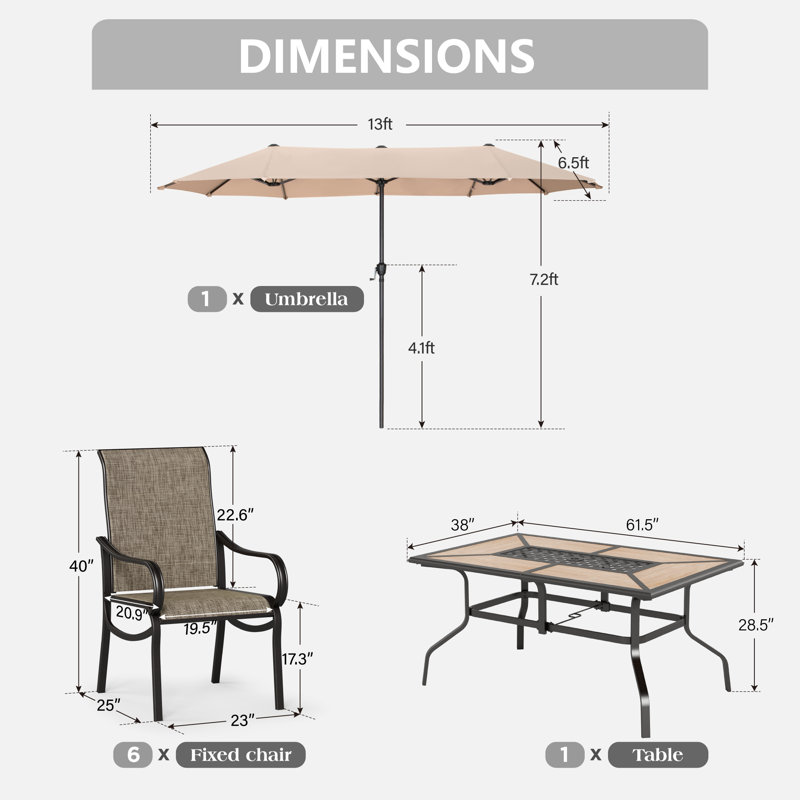 6-person Patio Dining Outdoor Table Set With Umbrella, Beige