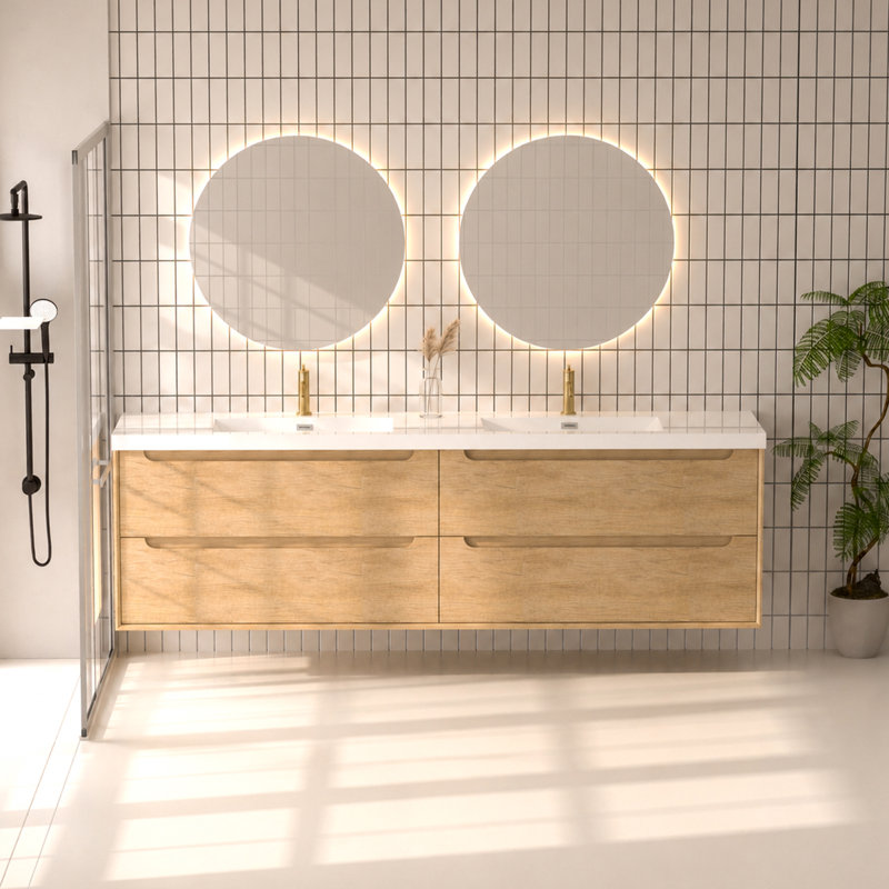 Meuble-lavabo double 84 po avec lavabos intégrés en résine et chêne naturel 84 po, 84