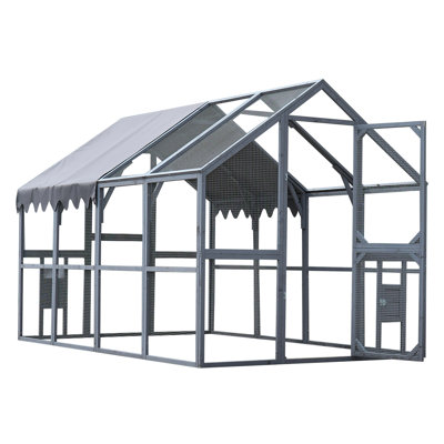 Large 110" Outdoor Kitten Playpen With Grey Waterproof Cover, Walk - In Design For Easy Cleaning, Two Lift Small Entrance , Galvanized Mesh , 56.54Ft Activity Region Chicken Run Removable Structure