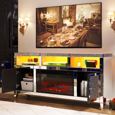Extra Tall Mirrored Tv Stand With Fireplace, Fashion Silver Tv Stands Entertainment Center With 2 Storage Cabinets by Brayden Studio