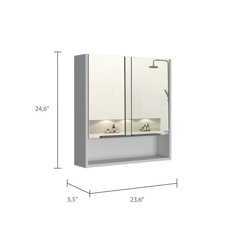 Armoire à miroir Jaspe, trois tablettes internes, une tablette ouverte, armoire à deux portes - blanc, Blanc