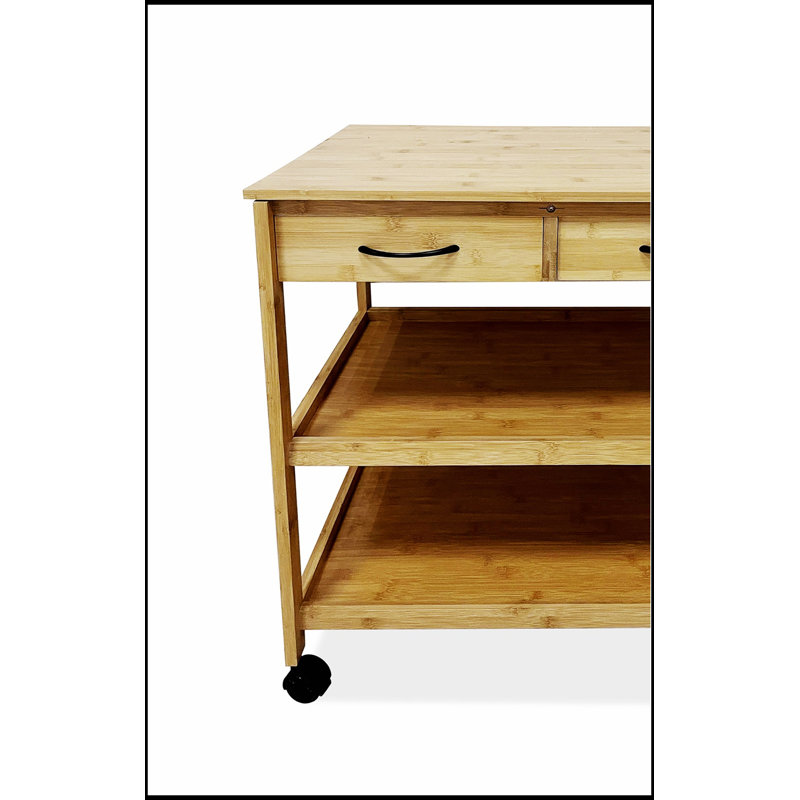 Chariot moderne en bambou avec trois tablettes ouvertes et un tiroir de rangement pour une organisation polyvalente