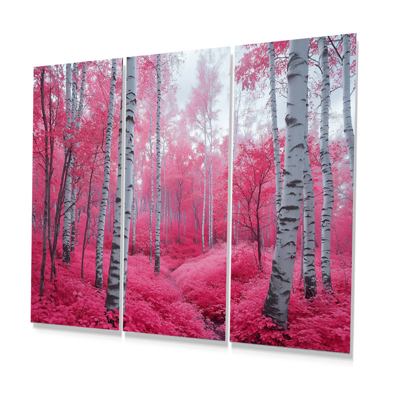 Bouleaux roses, chemin forestier, Panorama II - ensemble d'art mural forêt, Métal métal, H 40 po x l 60 po x P 1 po