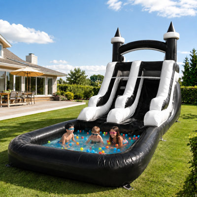 Glissade d'eau gonflable en PVC de qualité commerciale 21 pi avec piscine pour enfants, souffleur d'air non inclus, noir / blanc