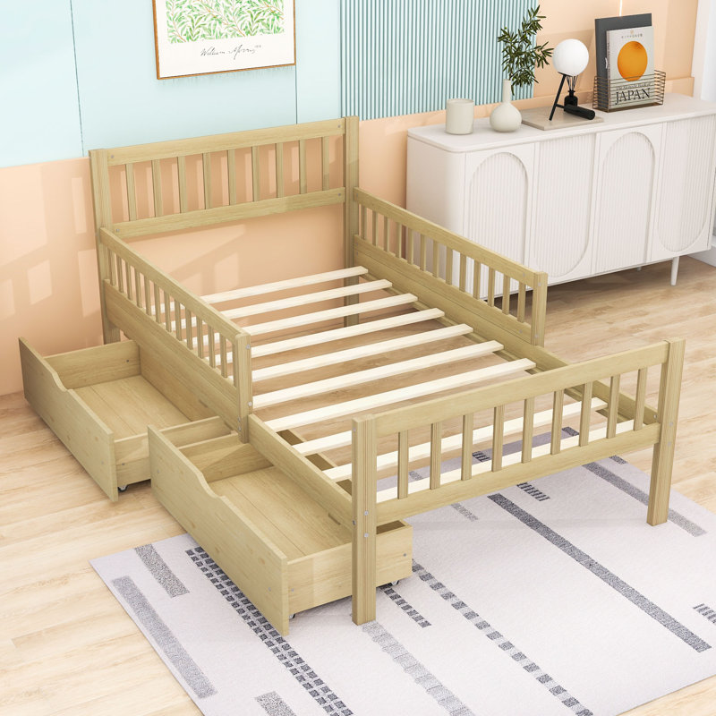Lit plateforme en bois avec 2 tiroirs et tête de lit, Lit simple