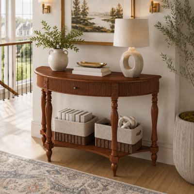 Vintage Traditional Solid Wood Fluted Half Moon Console Table with Drawer Open Shelf and Roman Column Carved Legs for Hallway Entryway Living Room and Foyer