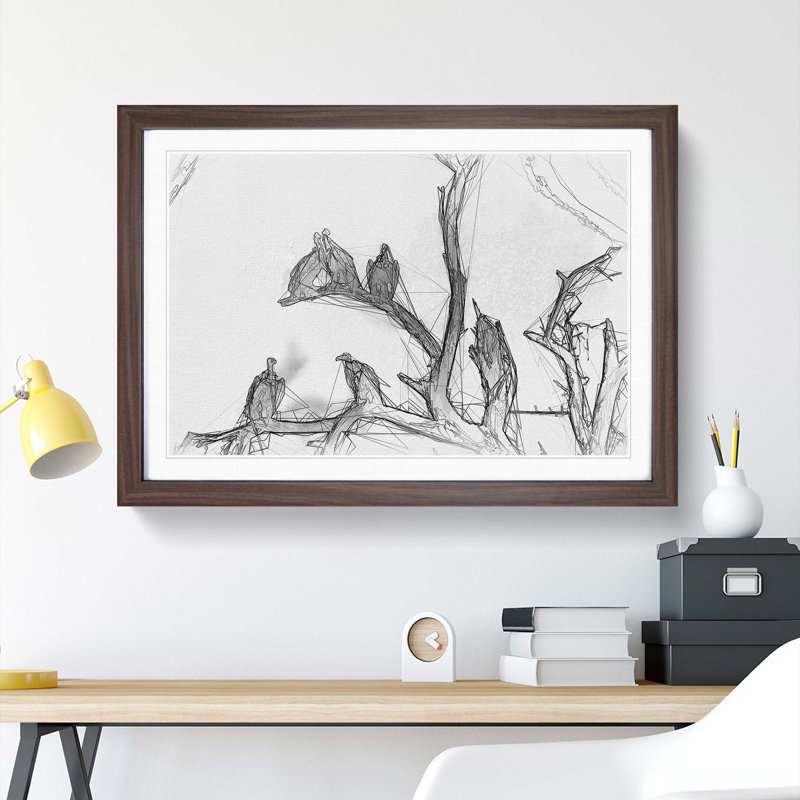 Vultures on a Tree in Abstract - Picture Frame Graphic Art Print, 60cm H x 91cm W x 2cm D, Walnut