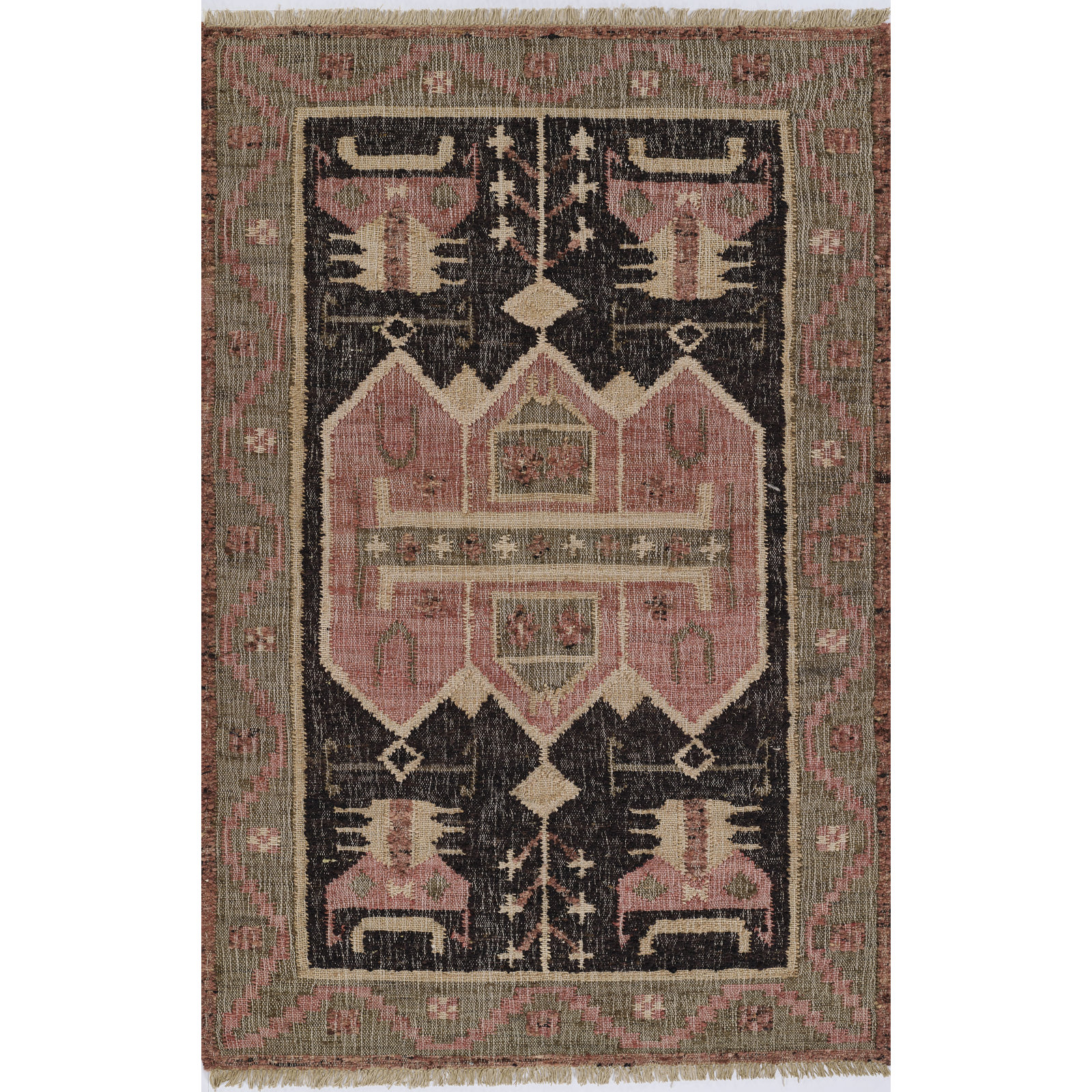 Dariela Red Black Hand-Woven Oriental Jute Rug, Rectangle 5'3" x 7'6"