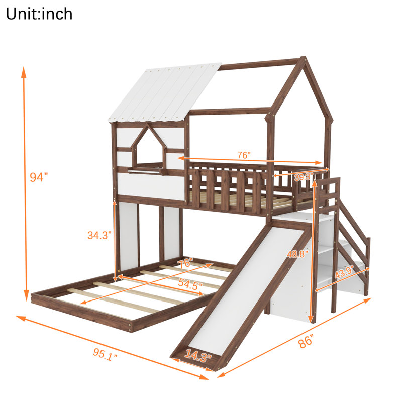 Cadre de lit superposé en bois en forme de maison, avec glissade et escalier de rangement, pour un lit simple en haut et un lit double en bas.
