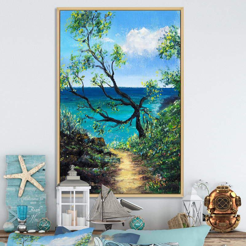 Path to the Ocean, peinture sur toile - Nautique et côtier, H 32 po x l 16 po x P 1 po, Cadre flottant brun