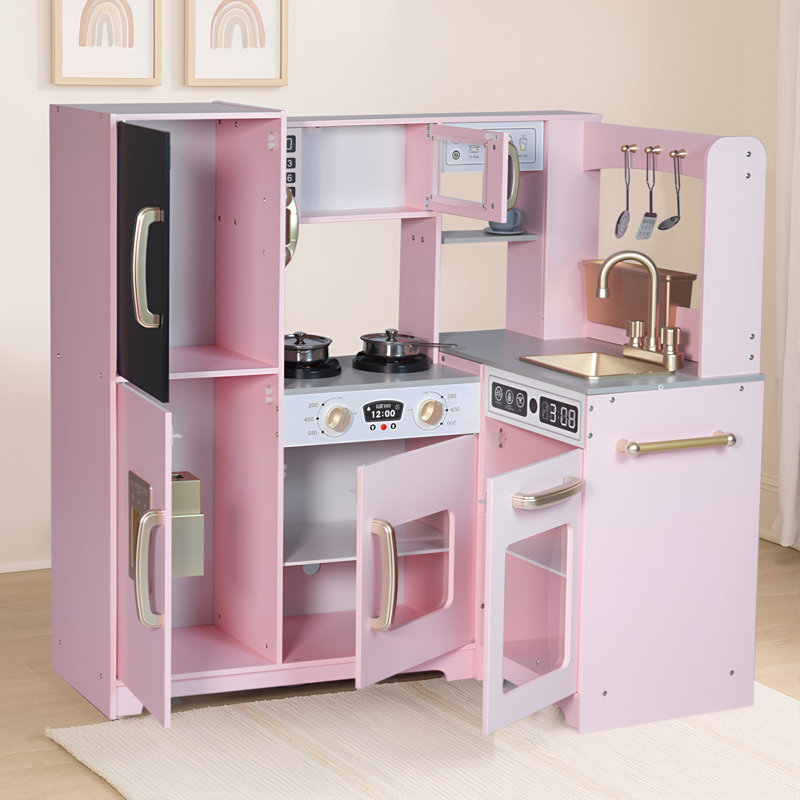 Wooden Modular Corner Play Kitchen with Writing Board, Stove, Sink, Drink Machine, and Phone., Pink/Light Wood