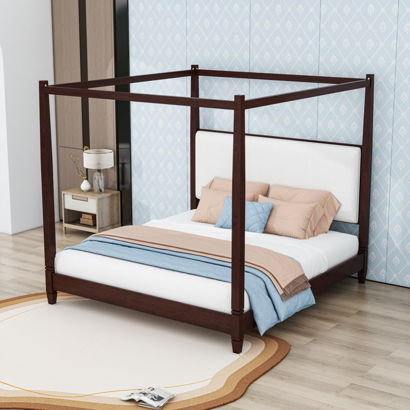 Lit plateforme élégant à baldaquin en bois avec tête de lit tapissier, Très grand lit, Espresso