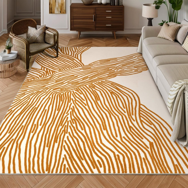 Abstract Orange Line Art Rug 5' x 7' for Office, Orange Cream