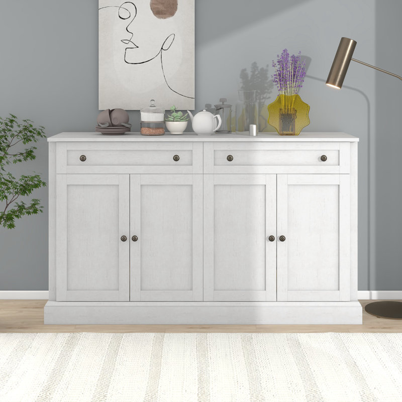 Buffet de cuisine avec 2 tiroirs, 4 portes et tablettes réglables pour la salle à manger ou le salon, Blanc cassé