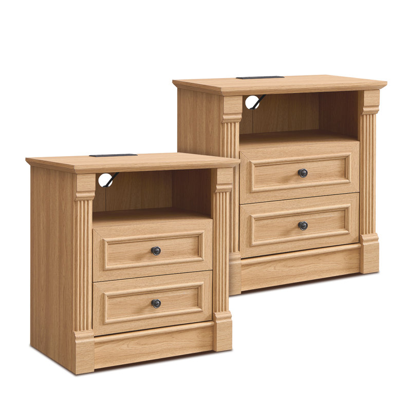 Ensemble de deux tables de bout en bois de style campagnard de 26 po de hauteur, buffet avec 2 tiroirs et station de charge, tablettes ouvertes