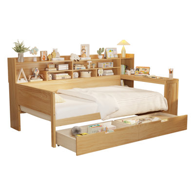 Wooden Twin Daybed with Storage Shelves, 2 Drawers & Built-in Study Desk – Multifunctional Bed