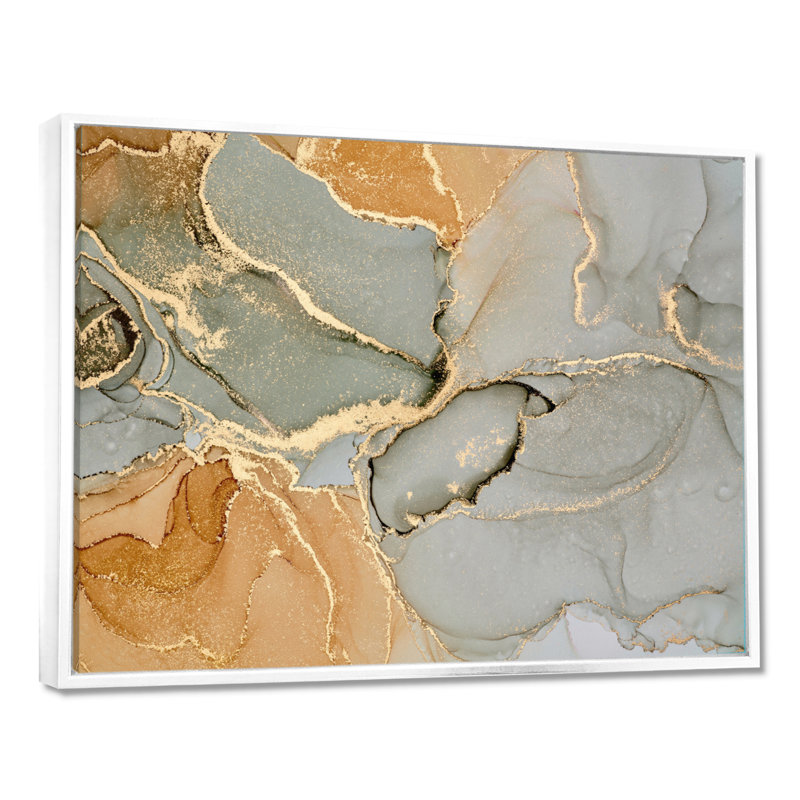 «Brown Luxury Abstract Fluid IV», peinture sur toile, H 30 po x l 40 po, Reproduction avec cadre flottant, Blanc