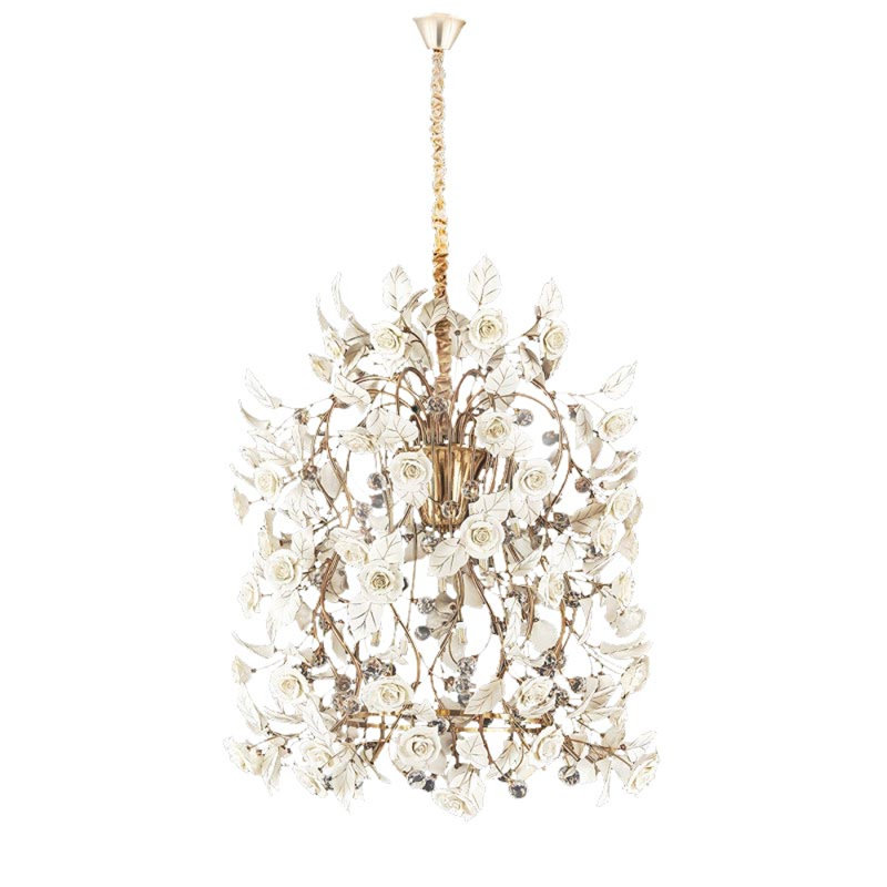 Lumière unique avec fontaine de roses et lustre en porcelaine de Murano, Blanc mat, H 48 po x l 24 po x P 24 po, Or brossé