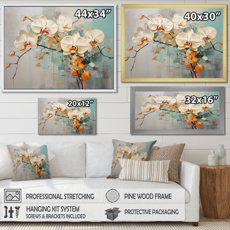 Orchidées beiges tranquillité sur toile, H 24 po x l 32 po x P 1 po, Cadre simple blanc