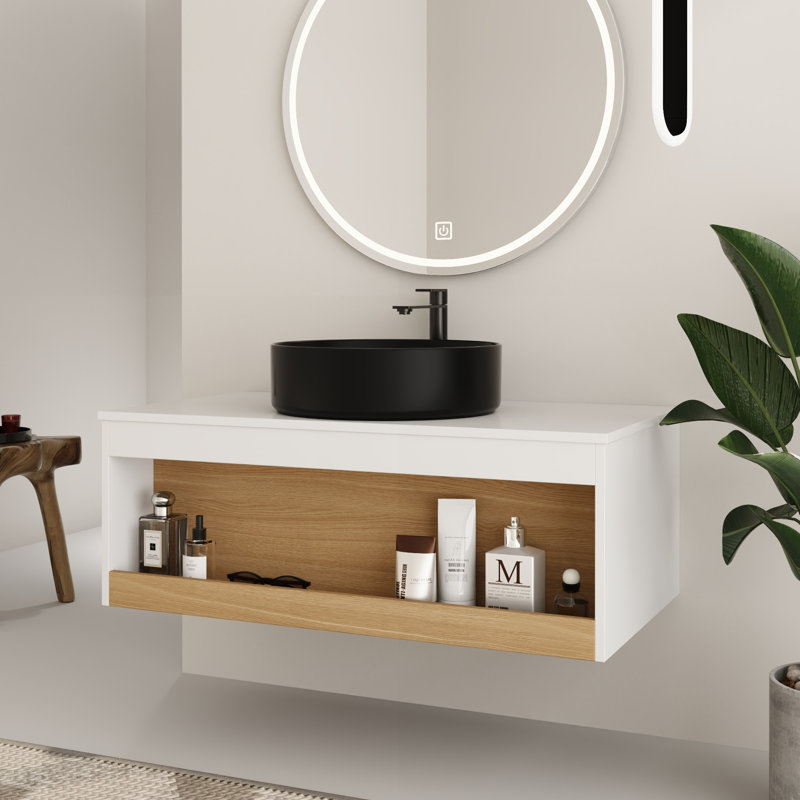 Ensemble de meuble-lavabo mural simple 36 po avec lavabo rond en céramique, Black